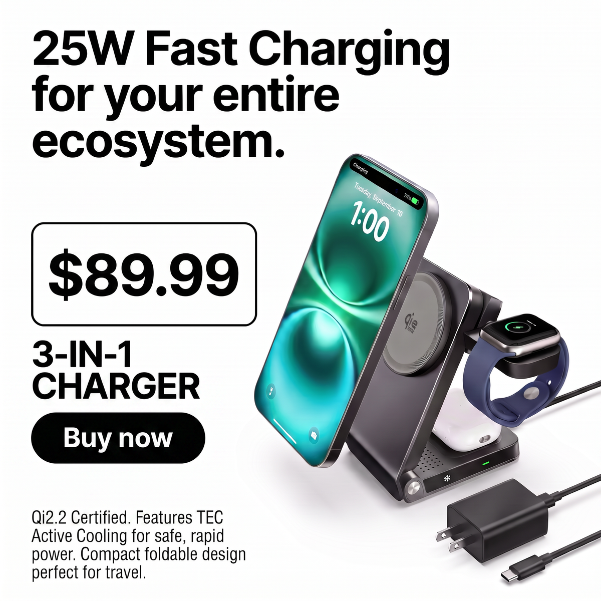 Qi2.2 certified 3-in-1 wireless charger charging an iPhone, Apple Watch, and AirPods.