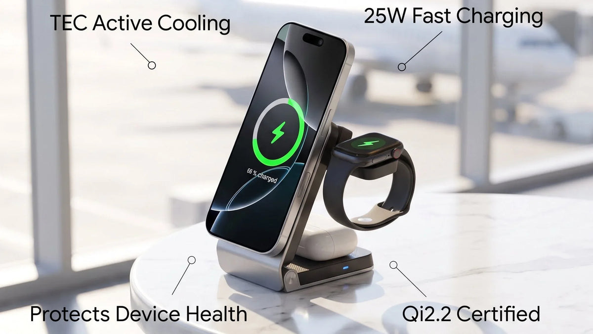 Kubek 3-in-1 Travel Charger with TEC cooling and Qi2.2 certification for iPhone, Watch, and AirPods.