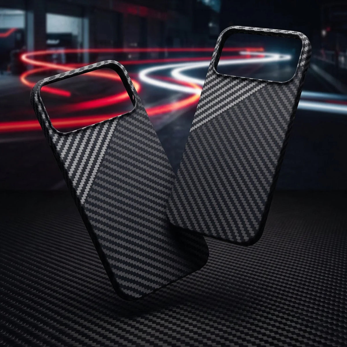 Two carbon fiber textured iPhone cases floating against a dark, neon-lit urban background.