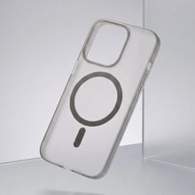 Clear MagSafe iPhone case floating against a minimalist white background