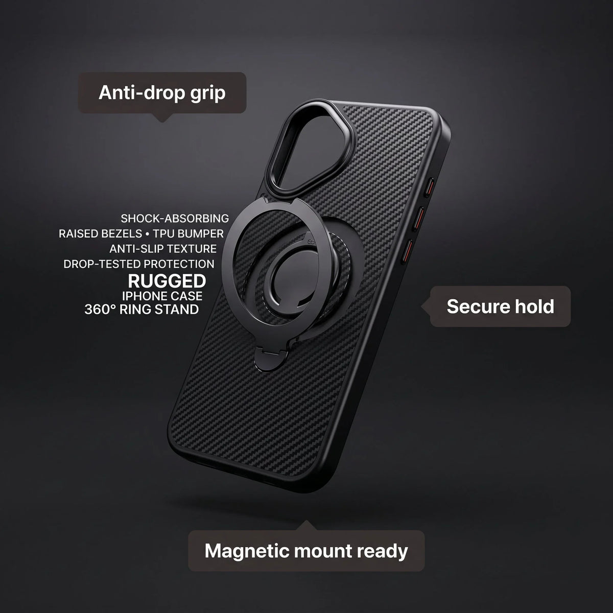 Rugged black carbon fiber iPhone case with built-in 360 degree ring stand and magnetic mount.