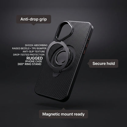 Rugged black carbon fiber iPhone case with built-in 360 degree ring stand and magnetic mount.