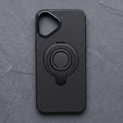 Black carbon fiber MagSafe iPhone case on a grey stone surface