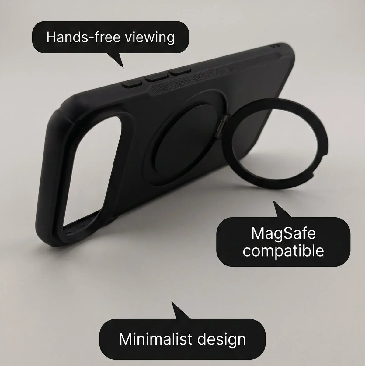 Black minimalist MagSafe compatible iPhone case with integrated ring stand for hands-free viewing.