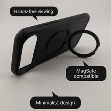 Black minimalist MagSafe compatible iPhone case with integrated ring stand for hands-free viewing.