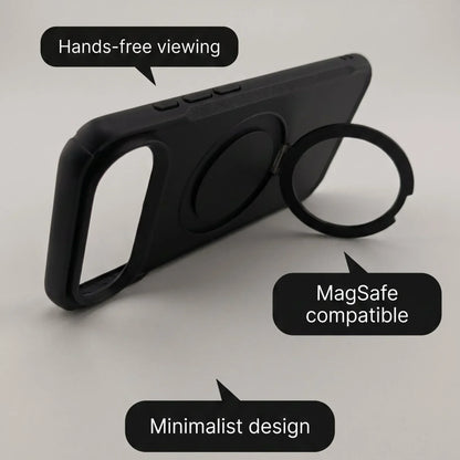 Black minimalist MagSafe compatible iPhone case with integrated ring stand for hands-free viewing.