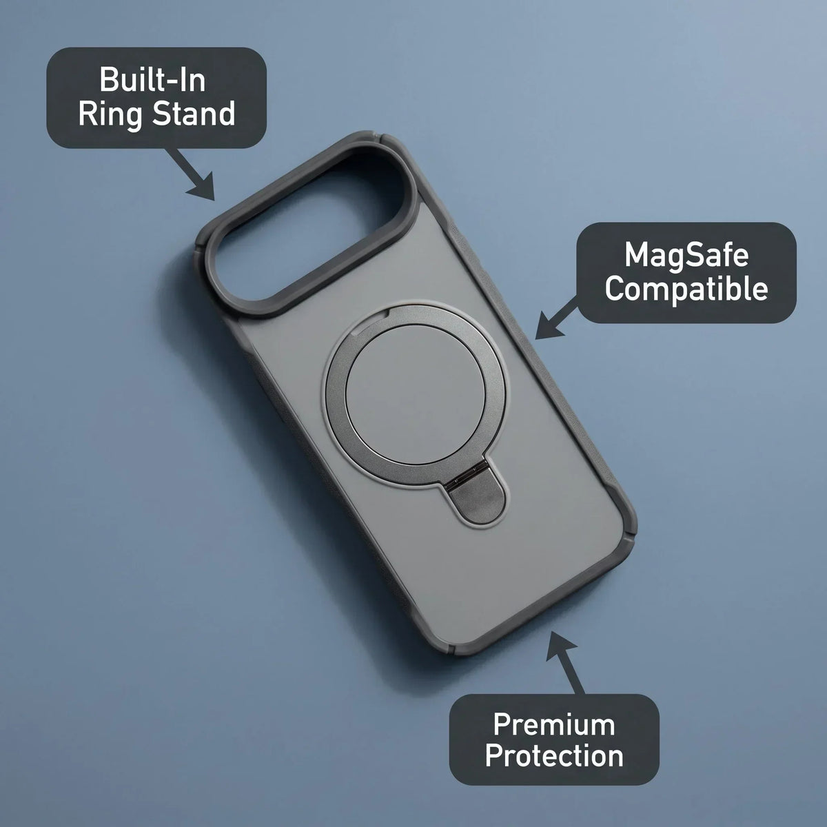 Grey MagSafe compatible iPhone case with a built-in ring stand for premium protection.