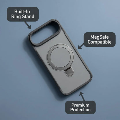 Grey MagSafe compatible iPhone case with a built-in ring stand for premium protection.