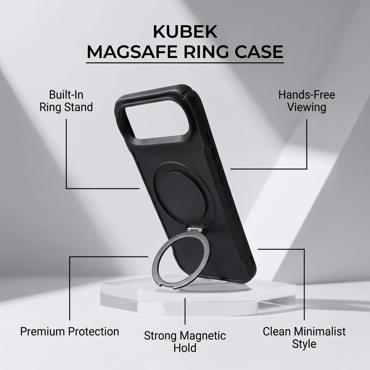Kubek MagSafe Ring Case for iPhone with built-in ring stand for hands-free viewing.