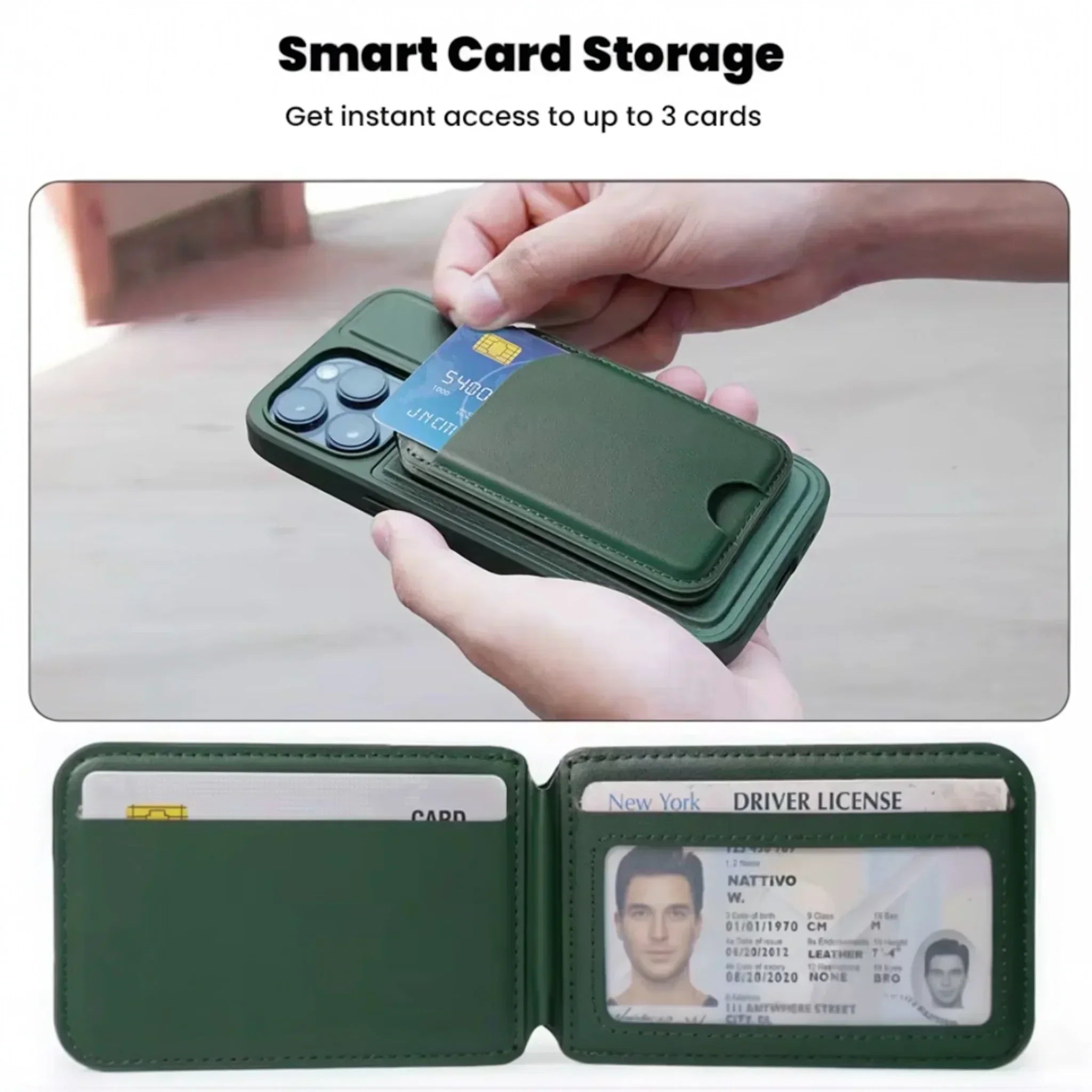 Green MagSafe wallet case with smart card storage for iPhone, holding credit card and driver's license