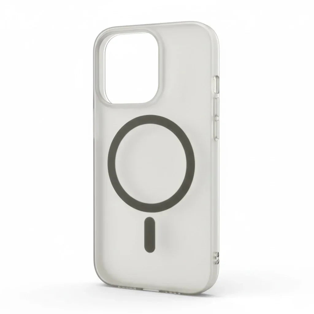 Clear MagSafe iPhone case with circular magnetic alignment and large camera cutout