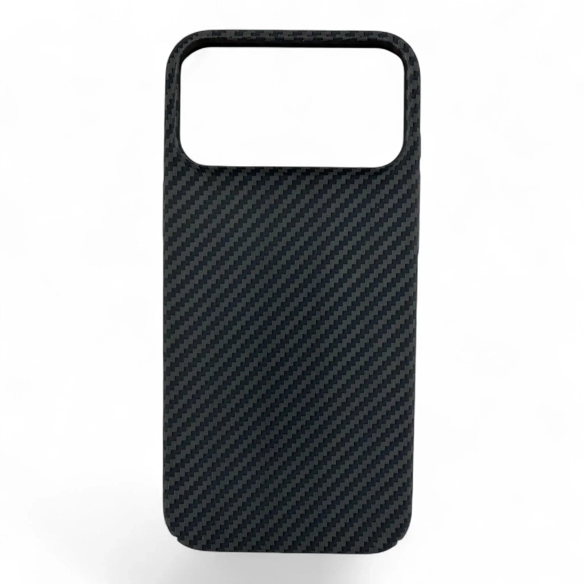 Black carbon fiber MagSafe iPhone case with large camera cutout on white background