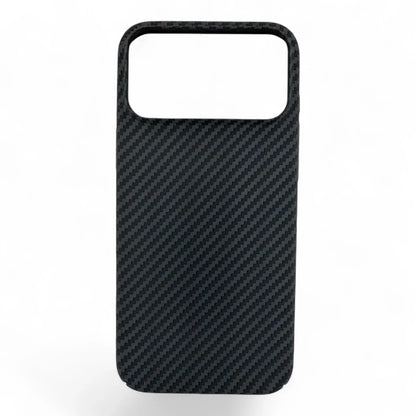 Black carbon fiber MagSafe iPhone case with large camera cutout on white background