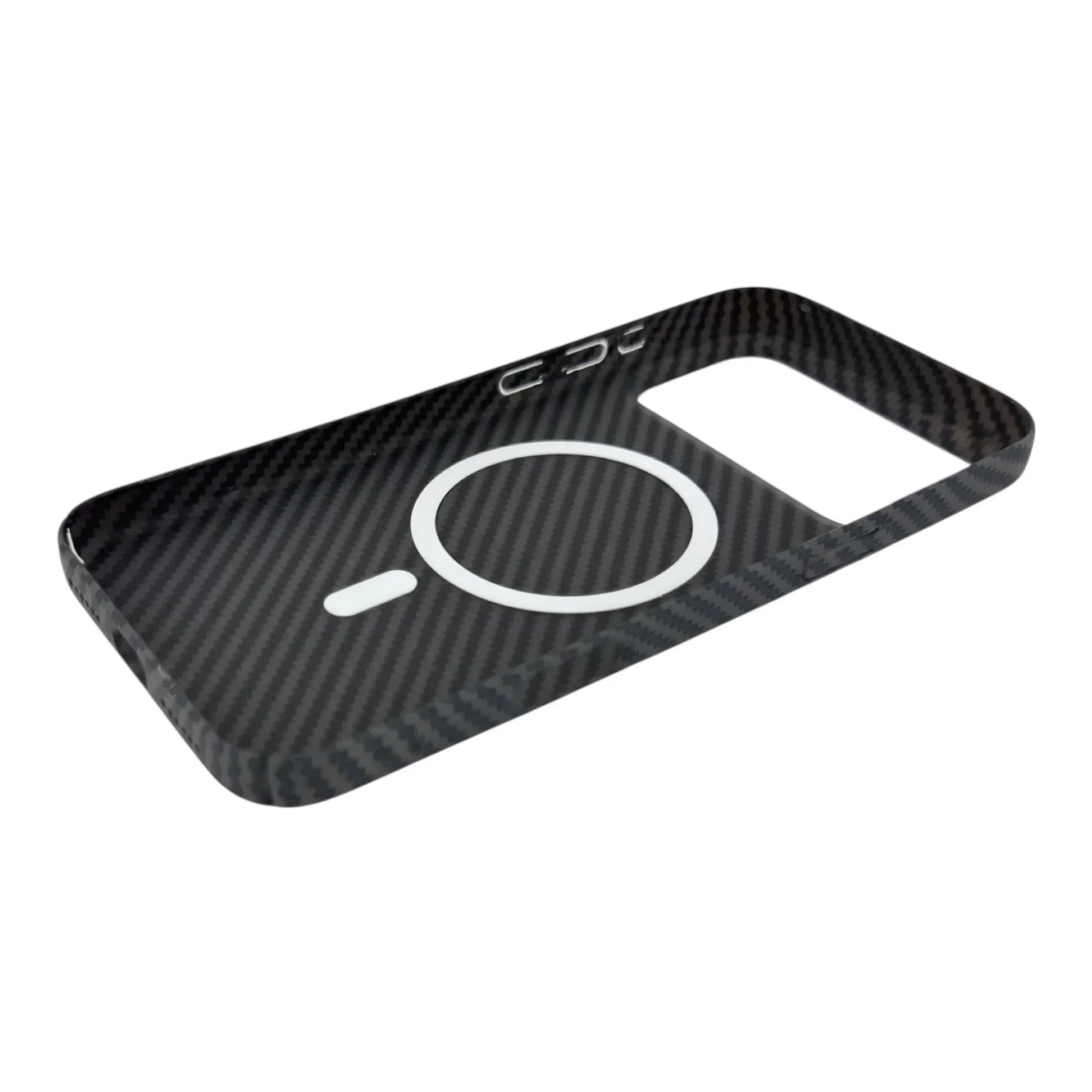 Carbon fiber MagSafe iPhone case with camera cutout and wireless charging ring