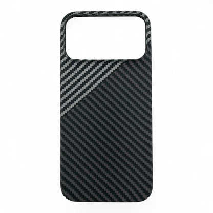 Black carbon fiber MagSafe iPhone case with diagonal striped pattern on white background.