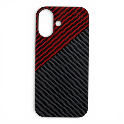 Carbon fiber iPhone case with red and black diagonal stripes, camera cutouts visible