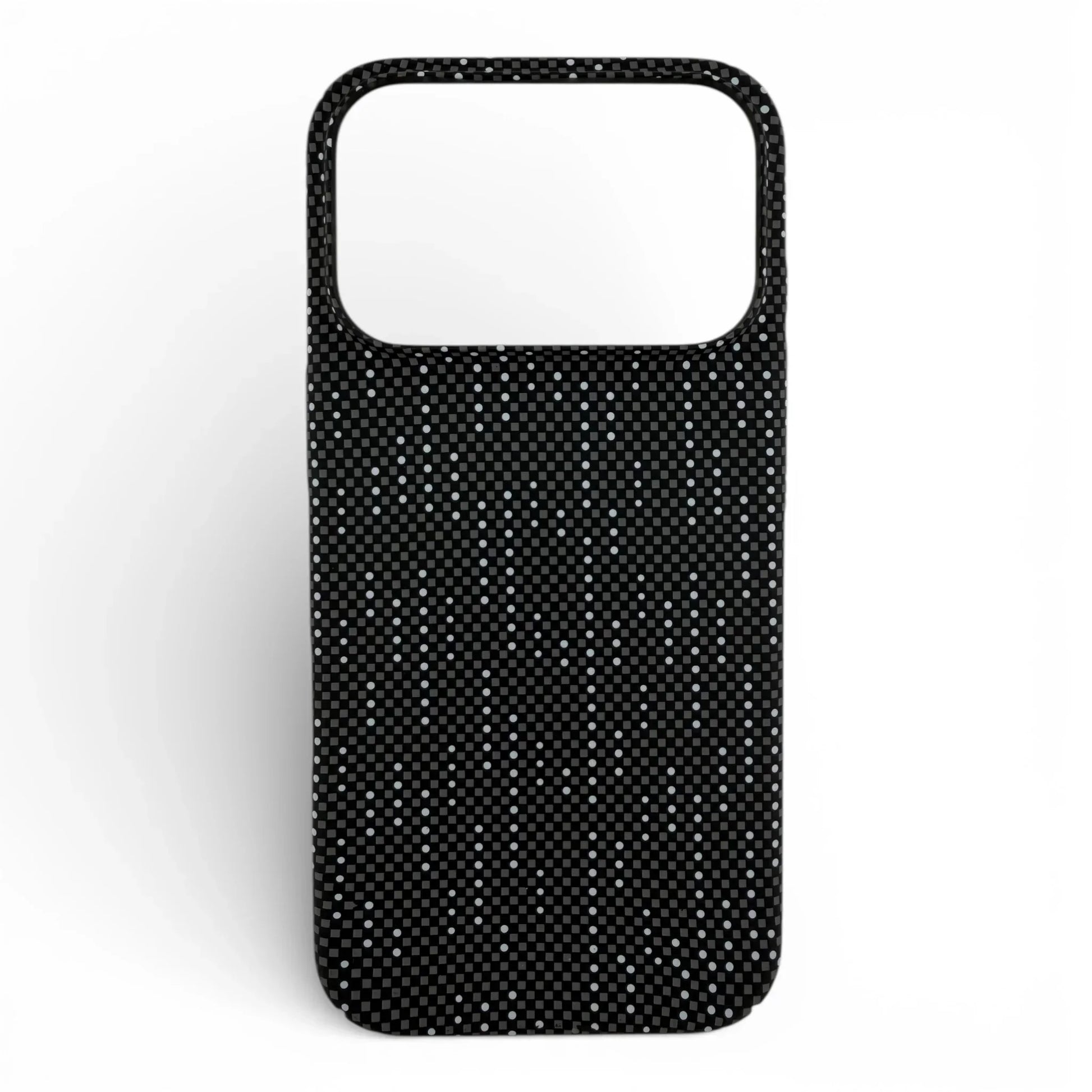 Black MagSafe iPhone case with textured dotted pattern on white background
