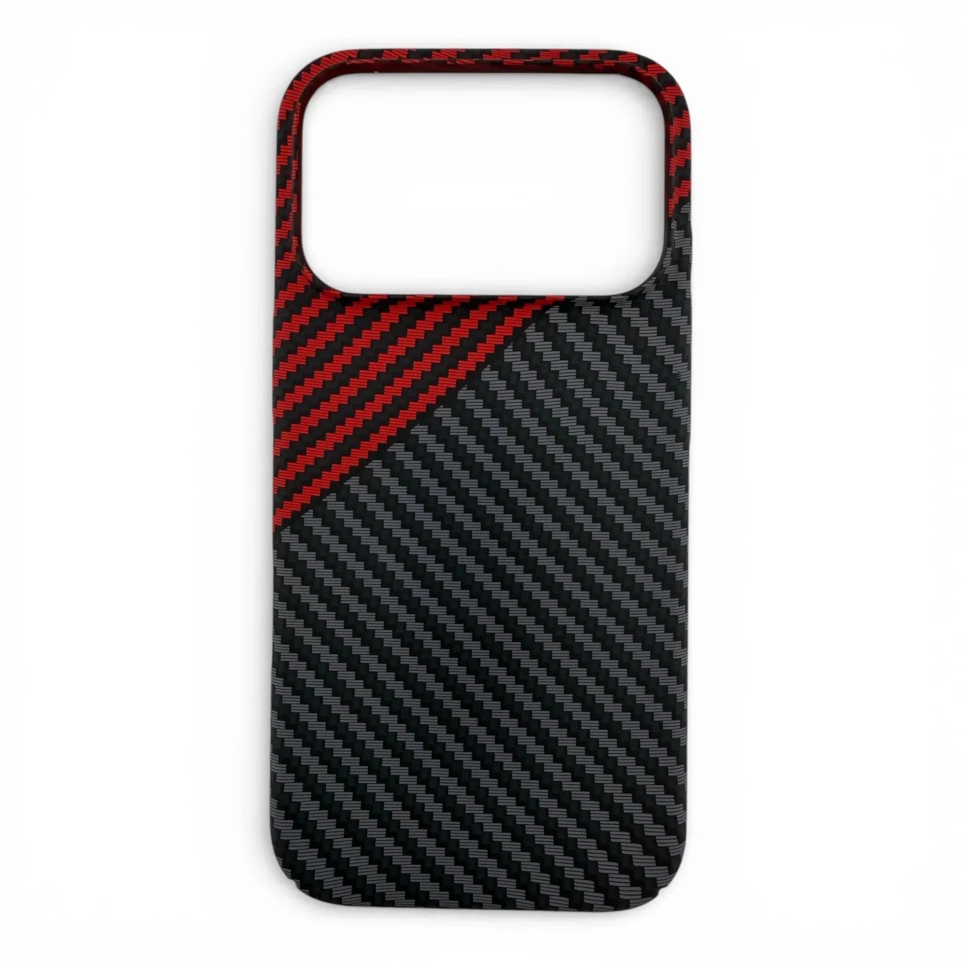 Carbon fiber MagSafe iPhone case with red and black diagonal stripes, minimalist design