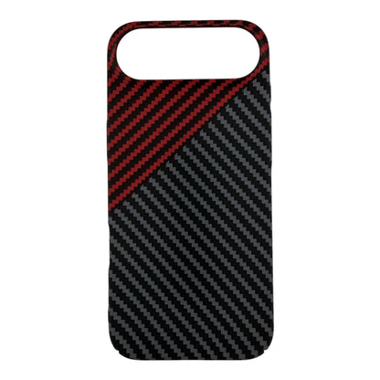 Carbon fiber iPhone case with diagonal red and black pattern, MagSafe compatible.