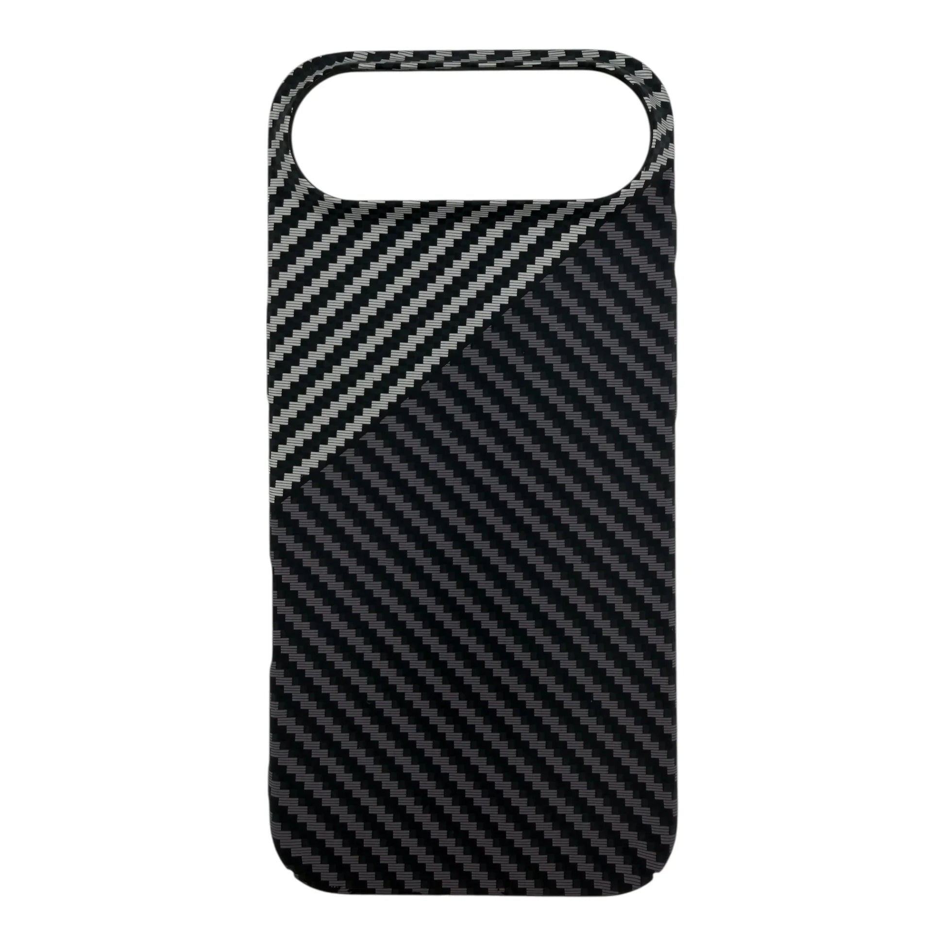 Black carbon fiber MagSafe iPhone case with diagonal striped pattern