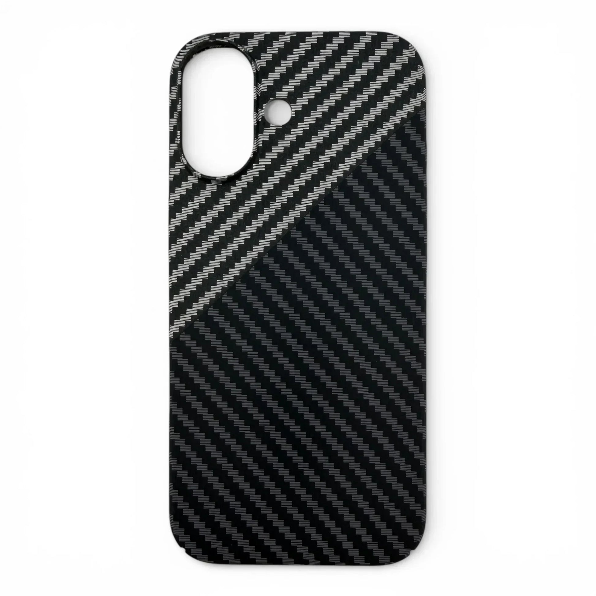 Carbon fiber MagSafe iPhone case with diagonal black and gray striped design