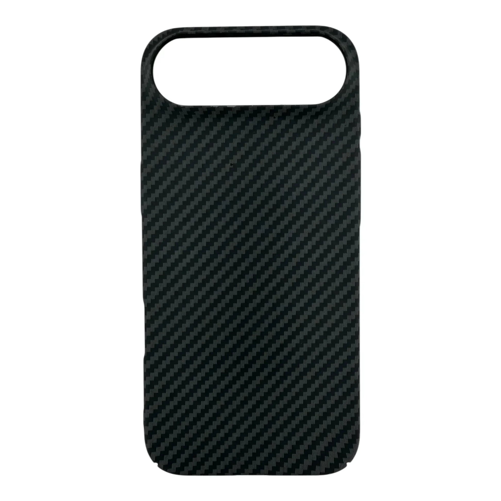 Black carbon fiber MagSafe iPhone case with camera cutout on white background