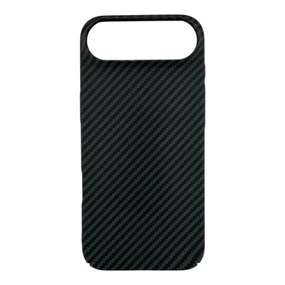 Black carbon fiber MagSafe iPhone case with camera cutout on white background