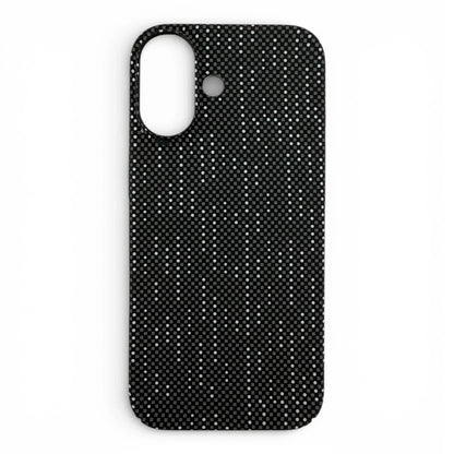Black iPhone case with white dot and checkered pattern, MagSafe compatible design.