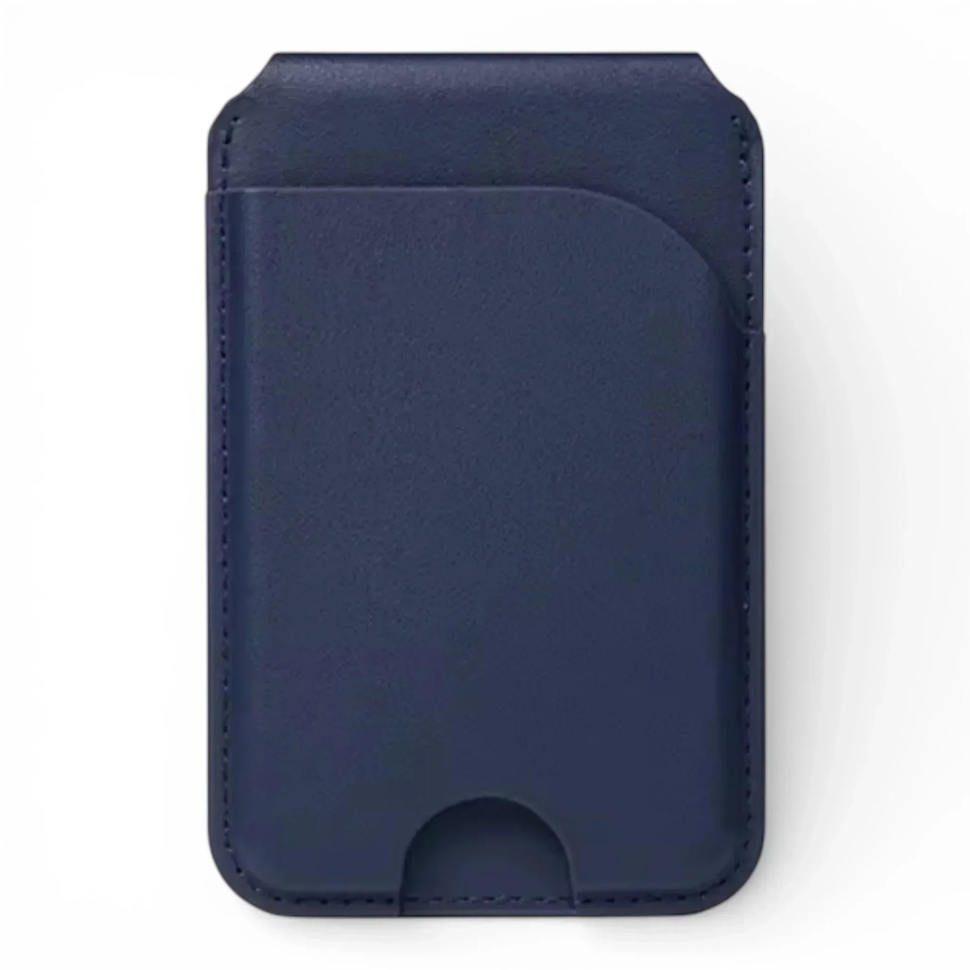 Navy blue MagSafe wallet with sleek leather design and precise stitching