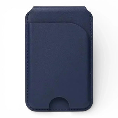 Navy blue MagSafe wallet with sleek leather design and precise stitching