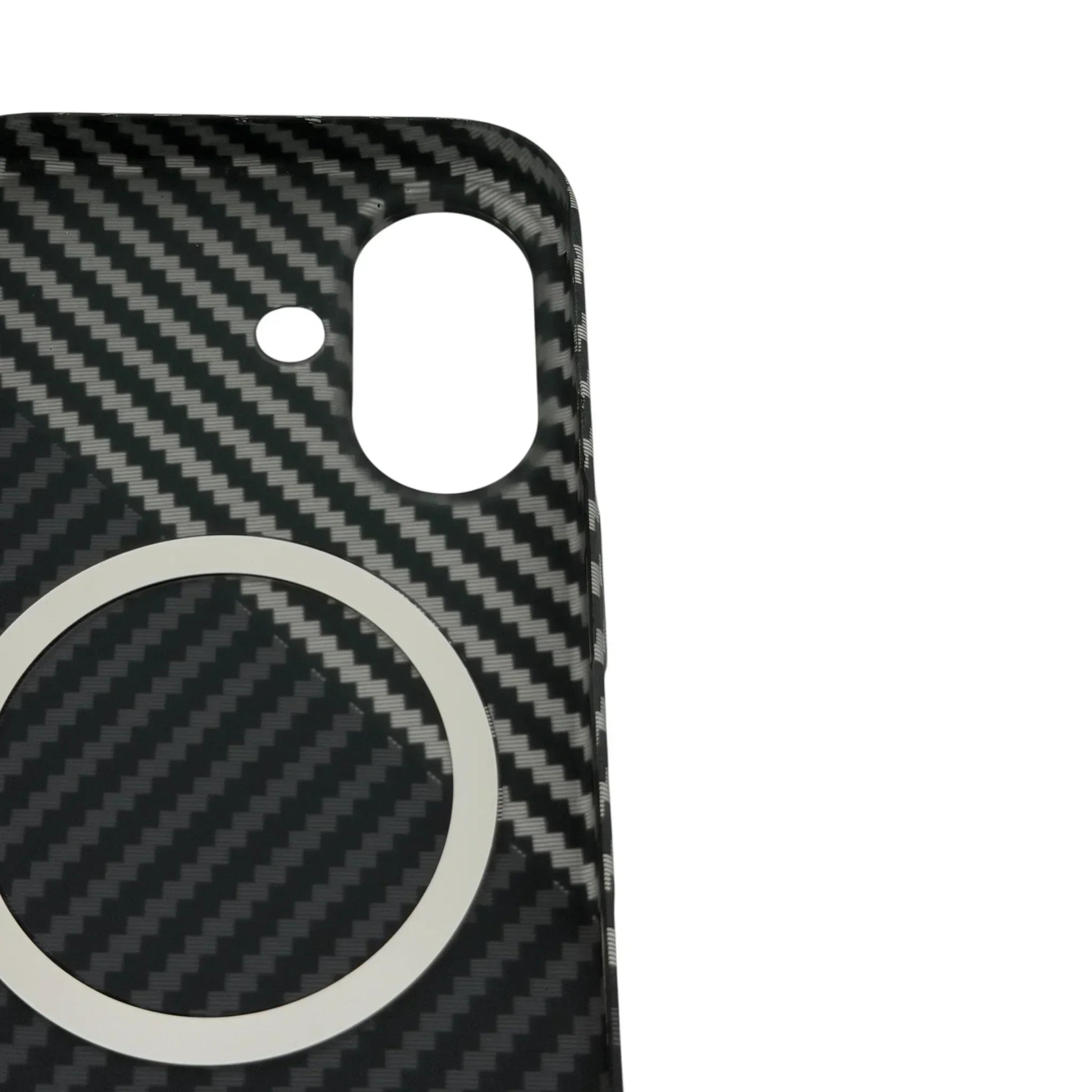 Carbon fiber MagSafe iPhone case with camera cutouts and wireless charging ring