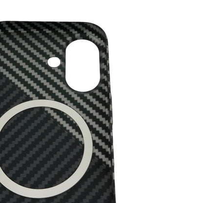 Carbon fiber MagSafe iPhone case with camera cutouts and wireless charging ring