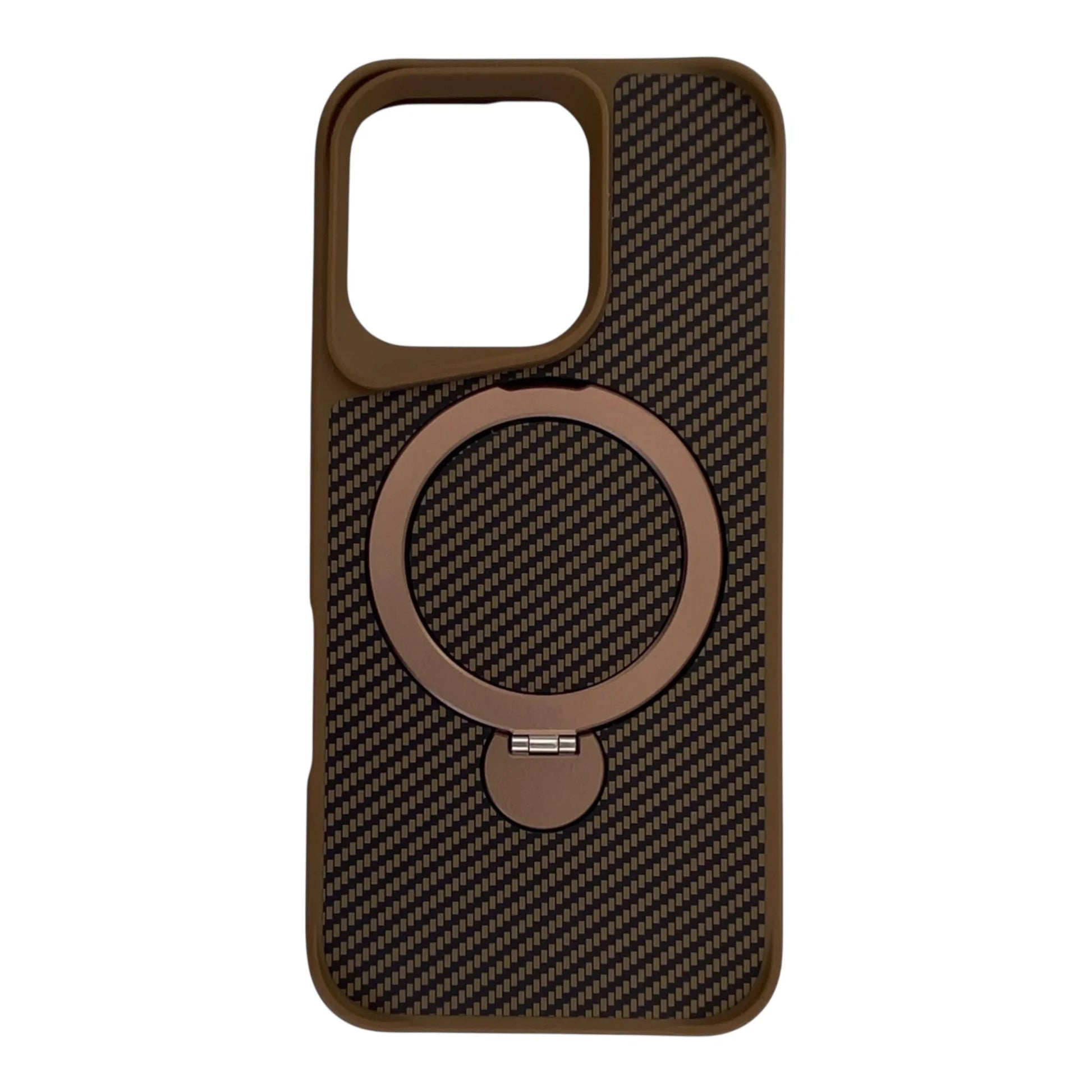 Brown MagSafe iPhone case with carbon fiber pattern and built-in ring holder
