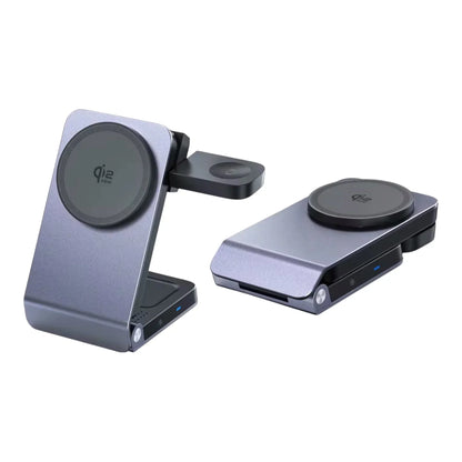 Foldable 3-in-1 MagSafe wireless charger for iPhone, Apple Watch, and AirPods, metallic finish