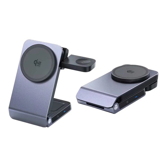 Foldable 3-in-1 MagSafe wireless charger for iPhone, Apple Watch, and AirPods, metallic finish