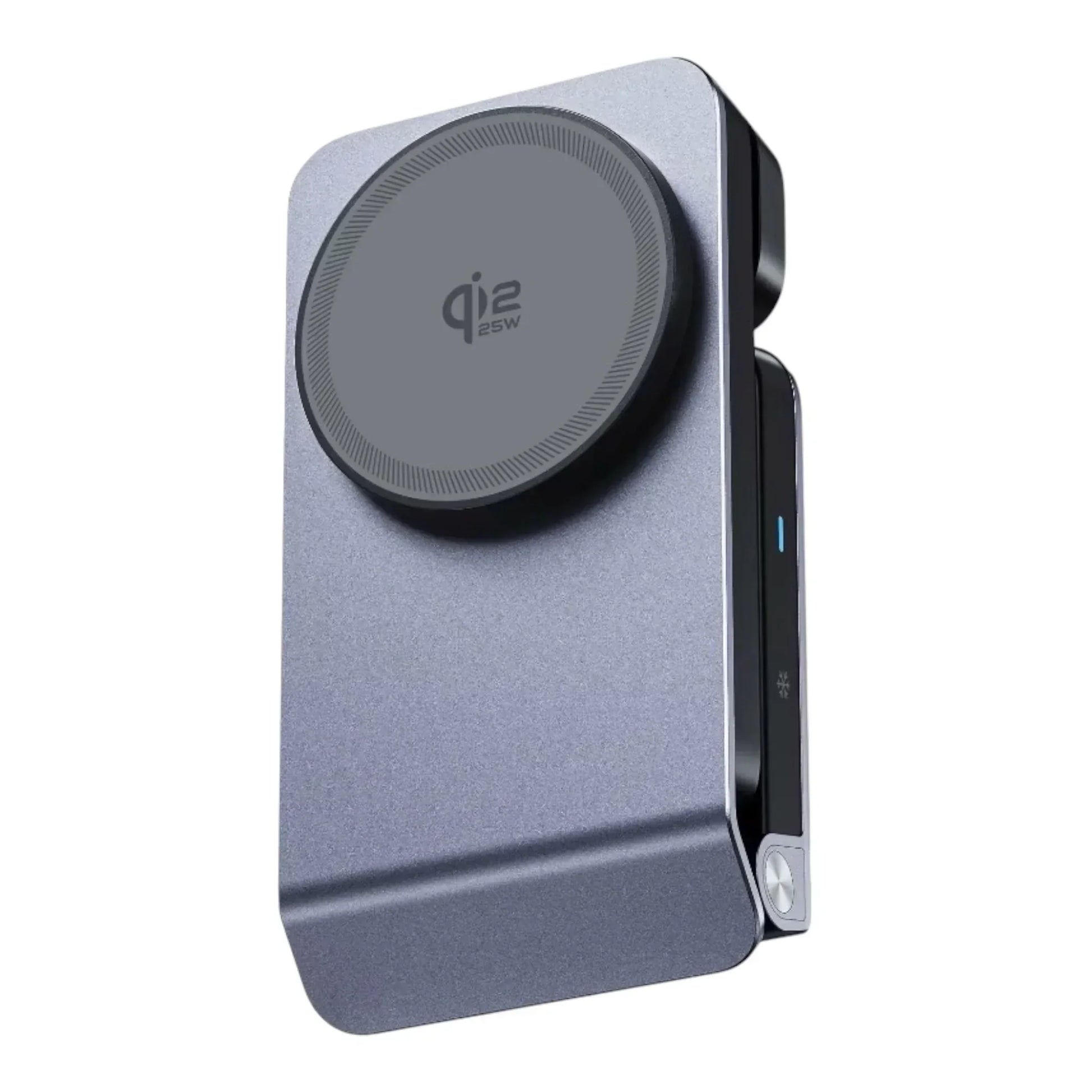 MagSafe-compatible Qi2 25W wireless charger and phone stand in metallic gray