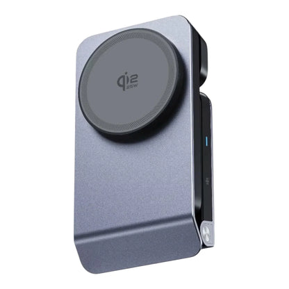 MagSafe-compatible Qi2 25W wireless charger and phone stand in metallic gray
