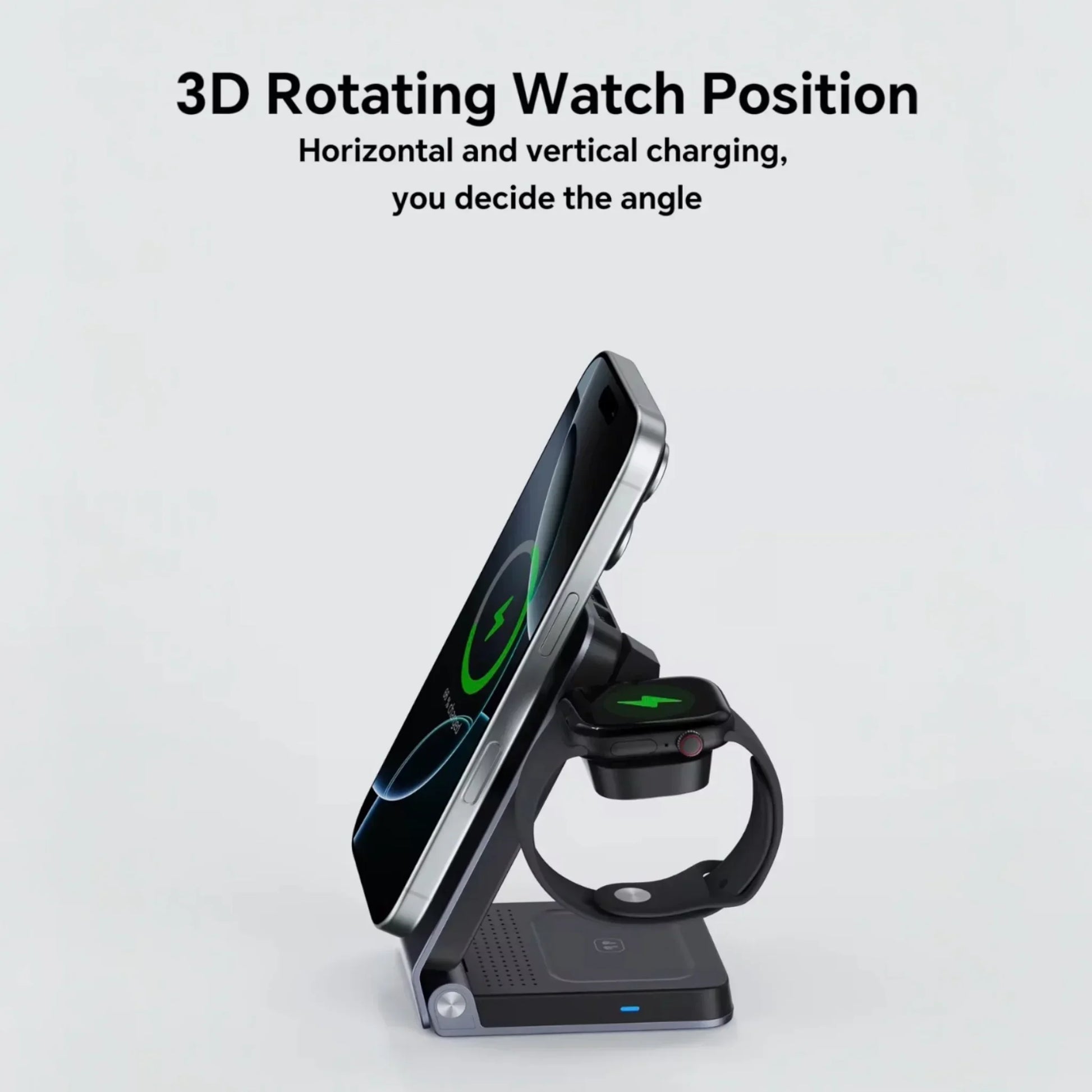 3-in-1 wireless charger with iPhone and smartwatch charging, adjustable rotating stand