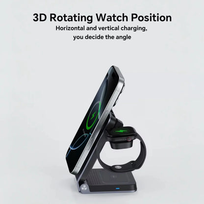 3-in-1 wireless charger with iPhone and smartwatch charging, adjustable rotating stand