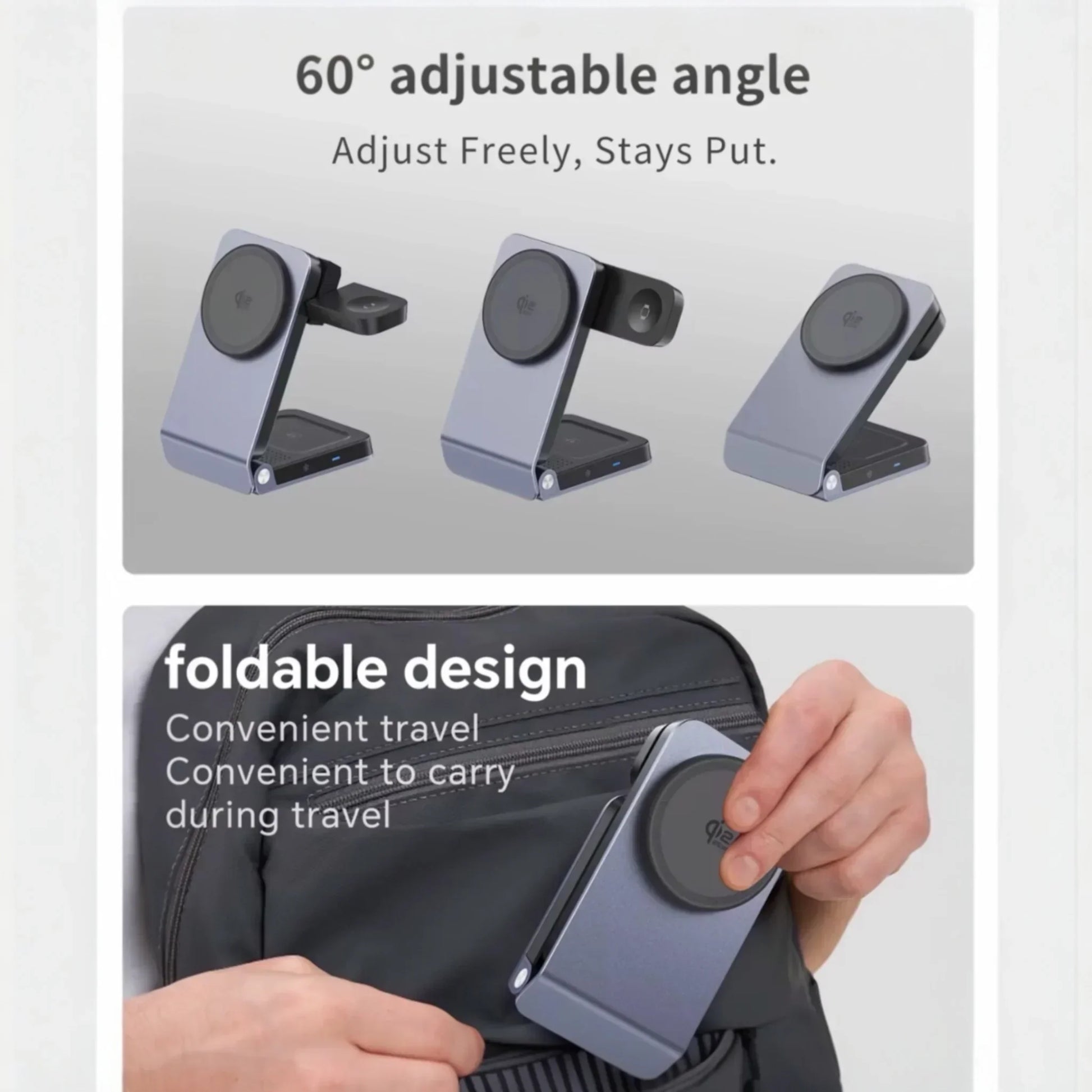 Foldable 3-in-1 MagSafe wireless charger with 60-degree adjustable angle, portable design