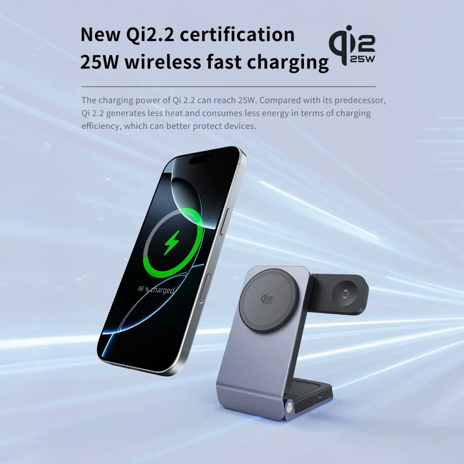 iPhone with MagSafe charging on a Qi2.2 certified 25W wireless fast charger, modern setting