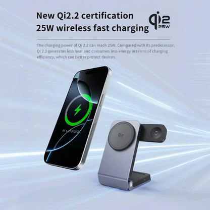 iPhone with MagSafe charging on a Qi2.2 certified 25W wireless fast charger, modern setting