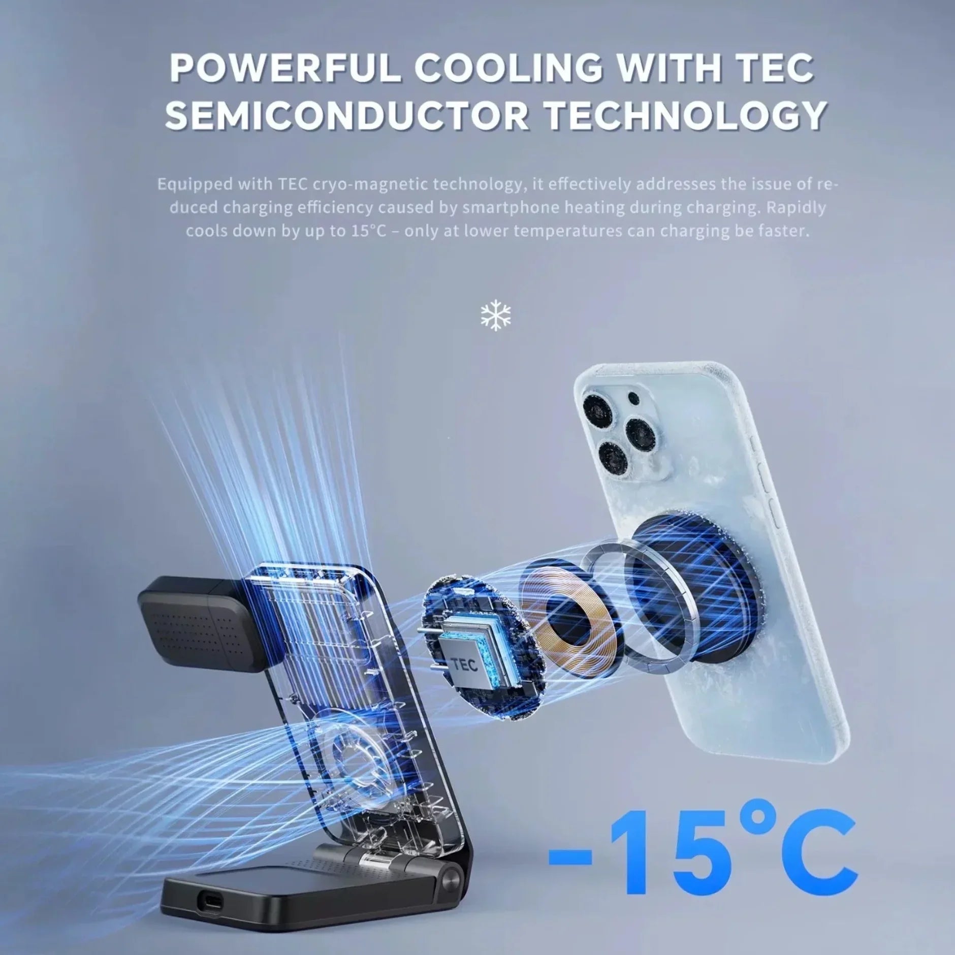 3-in-1 wireless charger using TEC cooling technology with MagSafe iPhone case, -15°C graphic