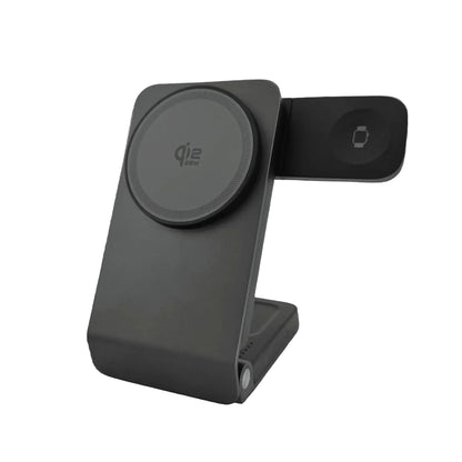 Black 3-in-1 wireless charging stand with MagSafe and Qi2 25W for iPhone and smartwatch.