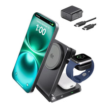 3-in-1 wireless charging station charging an iPhone, Apple Watch, and AirPods