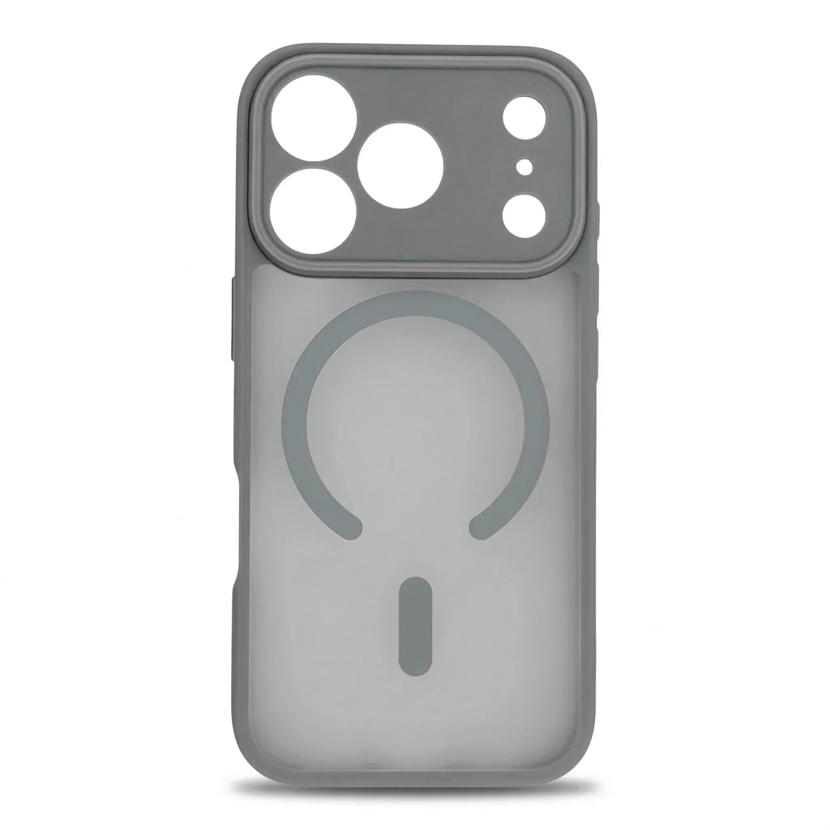 Grey translucent MagSafe iPhone case with a frosted back and visible magnetic ring