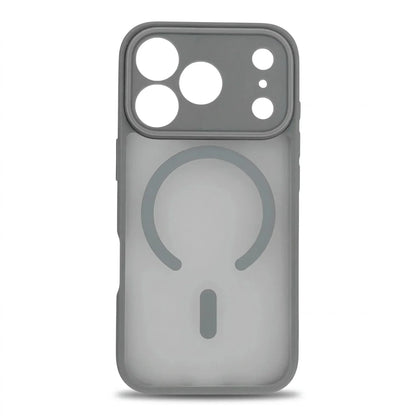 Grey translucent MagSafe iPhone case with a frosted back and visible magnetic ring