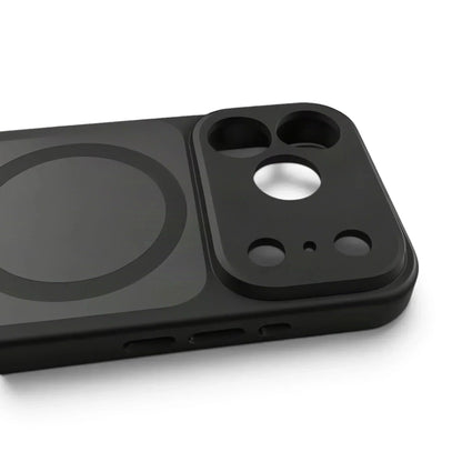 Close-up of a matte black MagSafe iPhone case showing the camera cutout and magnetic ring.