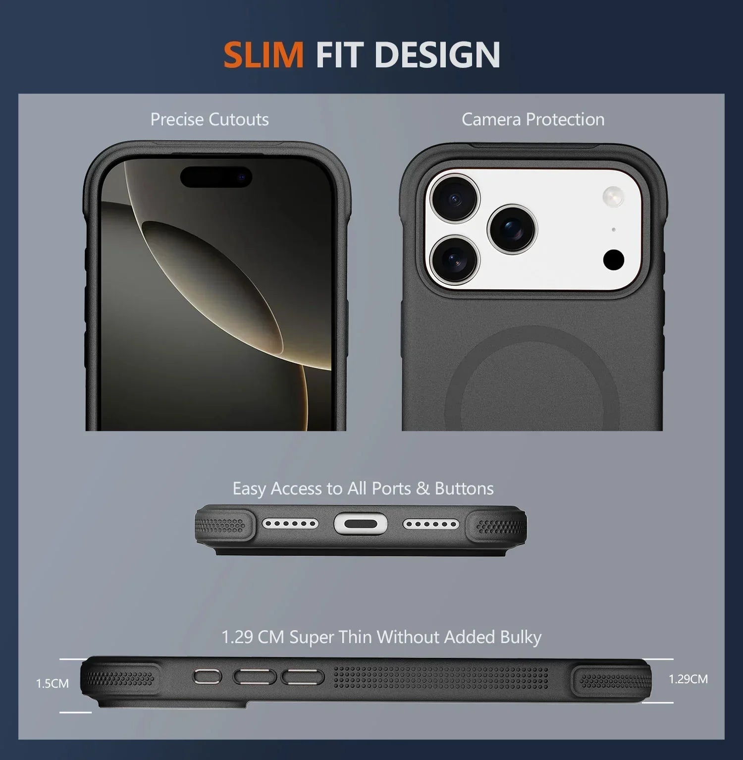 Slim fit iPhone case with precise cutouts, camera protection, and easy port access, 1.29cm thin