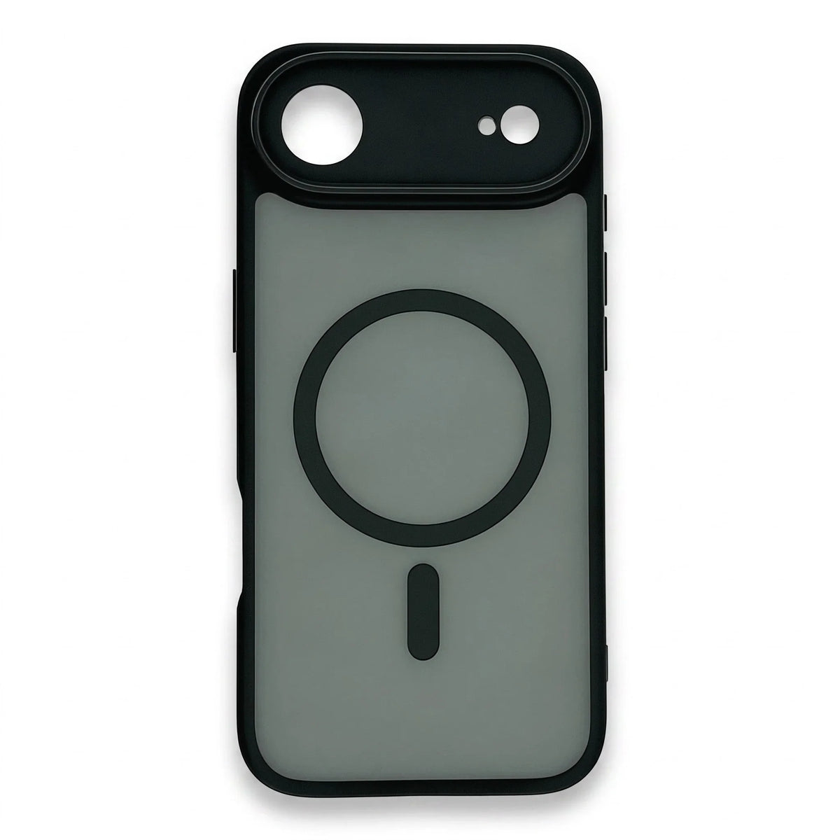 Back view of a translucent black MagSafe iPhone case with a matte finish.